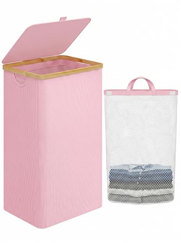 IEGrow Laundry Hamper with Lid,110L Laundry Basket with Mesh Bags,Pink - color: Pink, size: 110L