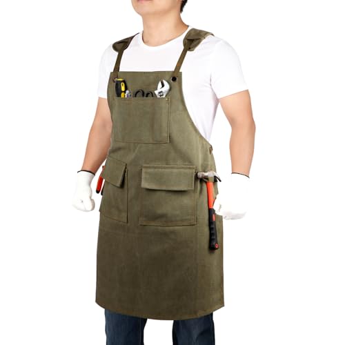 Work Apron with Pockets Thickened Waxed Canvas Apron Extended Adjustable Strap Waterproof Apron Protection for Men - color: Military Green