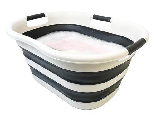SAMMART 40L (10.5 gallon) Collapsible Plastic Laundry Basket - Foldable Storage Container- Portable Washing Tub - Space Saving Hamper (1, Grey/Washed Black) - color: Grey/Washed Black