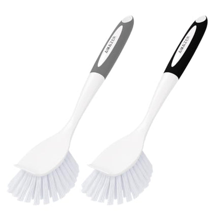 Amazer Dish Brush, 2 Pack Dish Scrubber with Handle, Kitchen Dishes Brushes, Scrub Brush with Stiff Bristles for Cleaning, Sink, Pots, Pans - color: Gray+black, size: 2 Pack