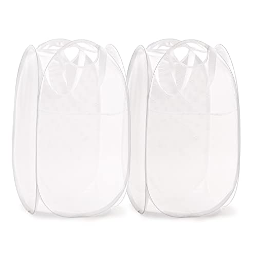 TECHMILLY Collapsible Mesh Pop Up Laundry Hamper with Sturdy Handles and Side Pocket - Portable Foldable Clothes Baskets for Dorm, Bathroom & Travel Storage (White, 2 Packs) - color: White, size: 2 Pack