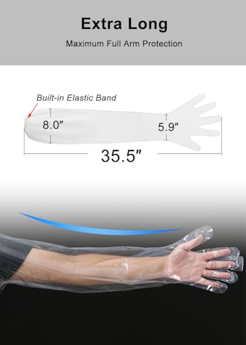 50Pcs Waterproof Arm Cast Cover for Shower Bath (Built-in Elastic Band) Disposable Long Gloves Plastic Full Arm 35.5 inch Field Dressing Cow Palpation Garden Operations Pet Cleaning Food Prep