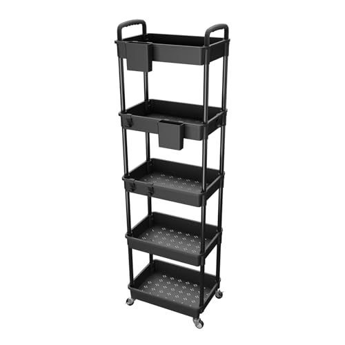 5 Tier Rolling Utility Cart with Handle,REBECAT Utility Cart Made of Multifunctional Storage Organizer Tool for Kitchen,Bathroom,Living Room,Office(Black) - color: Black