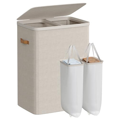 SONGMICS Laundry Basket, 170L Laundry Hamper with Lid, 2 Removable Bags - color: Cappuccino Beige, size: 170 L (2-Section)