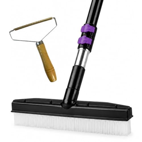 Room Groom PET Carpet Rake Groomer with Telescoping 54 " Adjustable Handle, with Lint Remover Brush Tool, Carpet Brush for Pet Hair and Refreshing Carpets, (Black/Purple) - style: Purple Handle Bundle