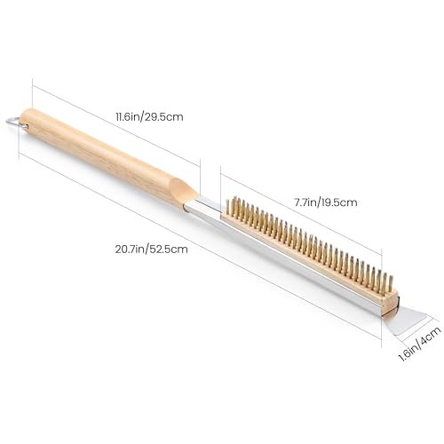 21'' Pizza Brush with Stainless Steel Stone Scraper - Brass Bristles - Wood Handle - Hanging Ring - Outdoor Pizza Oven Accessory - Compatible with Ooni, Gozney, Blackstone, Solo Stove Ovens - size: 21 Inch