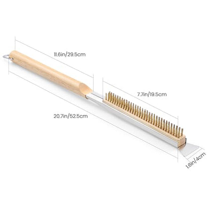 21'' Pizza Brush with Stainless Steel Stone Scraper - Brass Bristles - Wood Handle - Hanging Ring - Outdoor Pizza Oven Accessory - Compatible with Ooni, Gozney, Blackstone, Solo Stove Ovens - size: 21 Inch