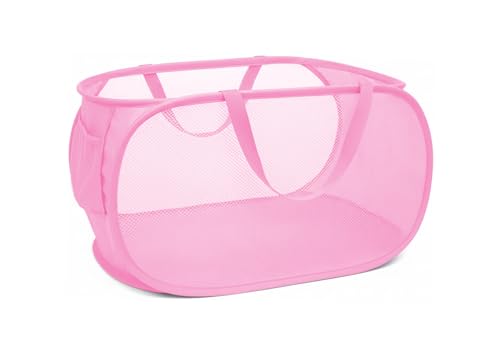 Collapsible Laundry Hamper Basket,Pop Up Mesh Foldable Bag for Laundry Room - color: Pink
