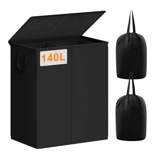 Chrislley Double Laundry Hamper with Lid, 140L Laundry Basket 2 Section - color: Black, size: 140l(24.0"l X 14.2"w X 25.2"h)