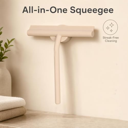 Shower Squeegee for Glass Doors, Full Silicone Jacketed Squeegee with Ergonomic Handle & No-Drill Hook, Cleaning Tool for Windows, Mirrors, Tiles, Bathroom & Car - Beige - color: Beige, size: without loop