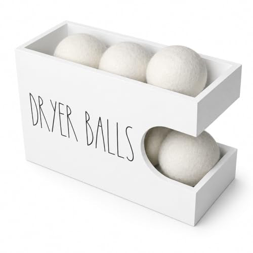 Dryer Ball Holder for Laundry Room, Dryer Balls Container Wall Mount, Wood Dryer Balls Storage Organizer, Wool Dryer Ball Dispenser Basket (White)