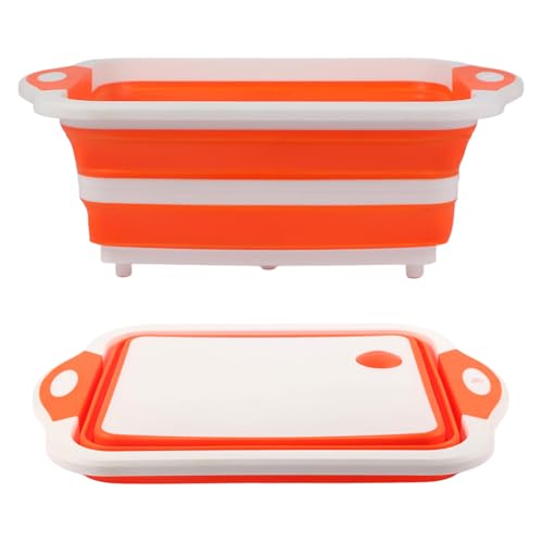 Collapsible BBQ Prep Tub/Cutting Board 10L, Foldable Dish Tub with Colander, Portable Camping Sink, Multifunction Dishing Basin Bucket Wash Tub for Kitchen Fruit Vegetable Picnic (Orange) - color: Orange