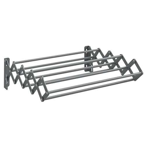 SONGMICS Clothes Drying Rack, Wall-Mounted, 9 Staggered Hanging Rods - color: Dove Gray