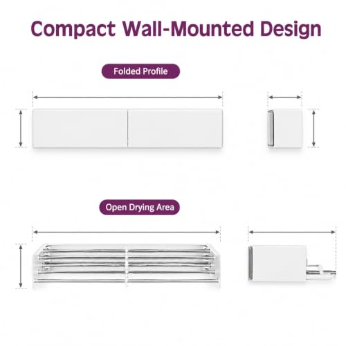Wall Mounted Clothes Drying Rack, Foldable Retractable Laundry Rack with 5 Rods, 50 lb Capacity, Space Saving, White