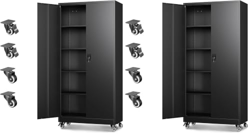Letaya Metal Garage Storage Cabinets with Wheels,Steel Tool Cabinets Lock Door and Adjustable Shelves for Home,Office,Warehouse Organisieren (Black, 75" H) (Pack of 2) - color: Black, size: 16"D x 32"W x 74.41"H (Pack of 2)