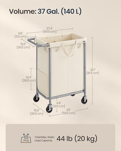 SONGMICS HOME Rolling Laundry Basket with 2 Compartments, 37-Gallon Laundry Hamper with Wheels, Removable Liner, White - color: White, style: 140 L (2-Section)