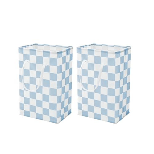 Checkered Laundry Hamper, Pack of 2, Large Pastel Blue Collapsible Cloth Hampers Basket for Storage Organization Cute Aesthetic, 2 x 75L - color: Blue