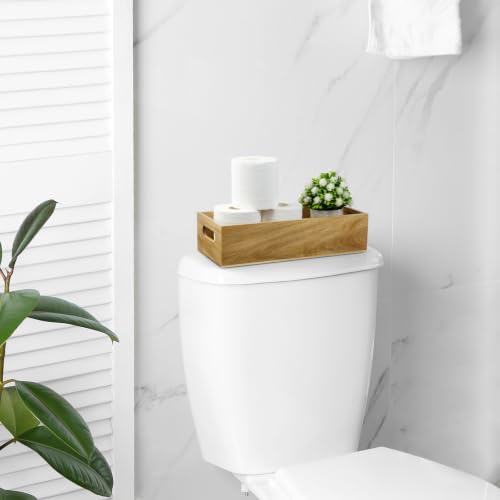 ALELION 15 Inch Acacia Wood Bathroom Storage Basket with Handles, Toilet Paper Basket for Back of Toilet Tank Top, Wooden Organizer Tray for Bathroom Countertop, Vanity, Kitchen, Pantry, Laundry Room - color: Acacia, size: 15 Inch