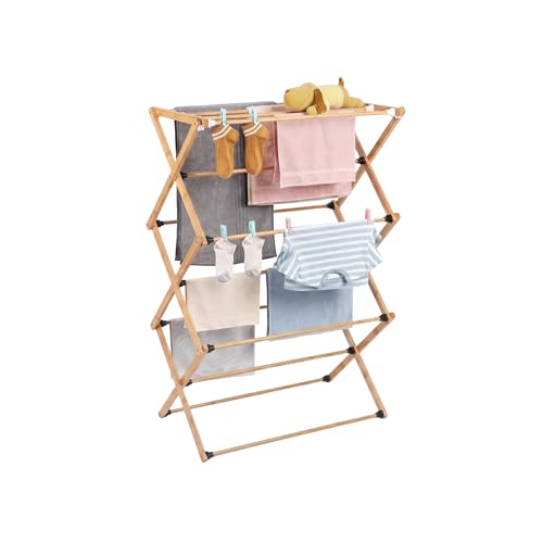 FJO Foldable Bamboo Clothes Drying Rack, 3-Tier Collapsible Laundry Clothes Hanger, Portable Wooden Drying Rack, Space Saving Indoor Outdoor, 28'' D x 15'' W x 39.3'' H, Beige