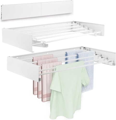 Wall Mounted Laundry Drying Rack, Carbon Steel Foldable & Retractable Clothes Drying Rack, Space Saving Adjustable Towel Holder for Bathroom, Laundry, Small Spaces (1, White, 31.5") - color: White, size: 31.5"