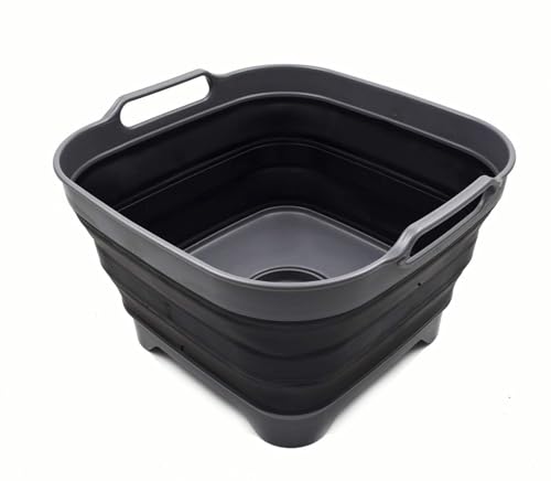 SAMMART 10L (2.64 Gallon) Collapsible Dishpan with Draining Plug - Foldable Washing Basin - Portable Dish Washing Tub - Space Saving Kitchen Storage Tray (1, Grey/Black) - color: Grey/Black