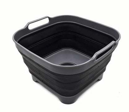 SAMMART 10L (2.64 Gallon) Collapsible Dishpan with Draining Plug - Foldable Washing Basin - Portable Dish Washing Tub - Space Saving Kitchen Storage Tray (1, Grey/Black) - color: Grey/Black