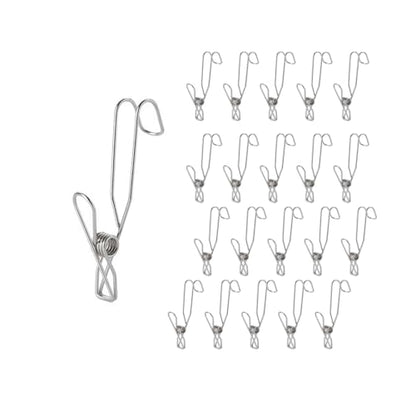 20 Pack Stainless Steel Clothes Pins with Hooks, 4.3 Inch, Heavy Duty Metal Clips for Hanging Notes, Photos, Laundry, Towels, Non-Slip Windproof