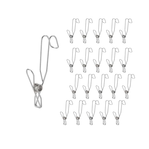 20 Pack Stainless Steel Clothes Pins with Hooks, 4.3 Inch, Heavy Duty Metal Clips for Hanging Notes, Photos, Laundry, Towels, Non-Slip Windproof