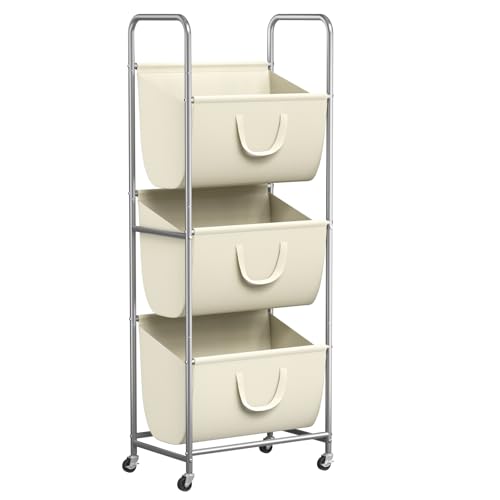 ELYKEN 3-Tier Vertical Rolling Laundry Hamper with Wheels & Removable Bags - color: Creamy
