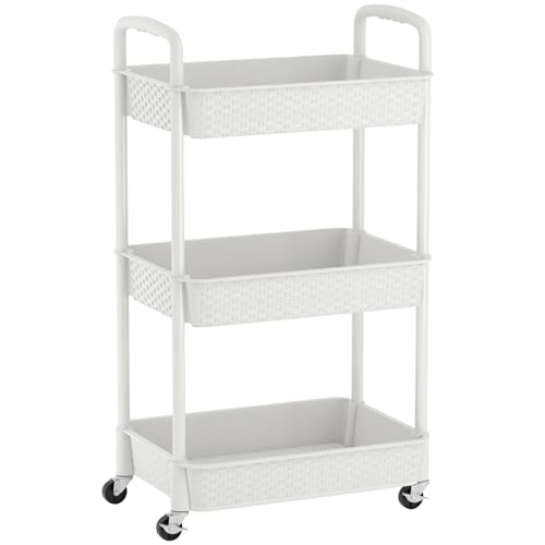 MOYIPIN 3-Tier Plastic Rolling Utility Cart with Handle,Utility Storage Cart for Office, Living Room, Kitchen,Movable Storage Organizer Shelves,White - color: White, size: 3-Tiers without cups