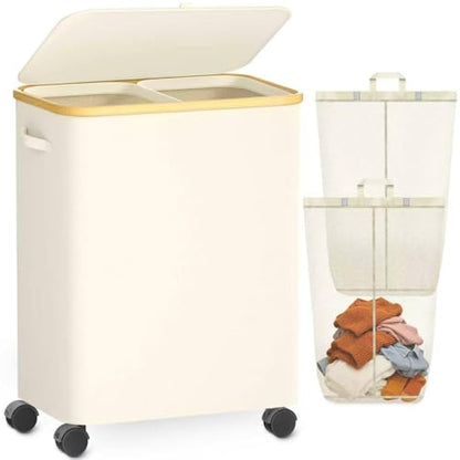 Double Laundry Basket with Wheels and Lid, 150L Clothes Hampers for Laundry - color: Beige, size: 150L