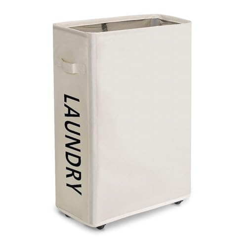 Slim Laundry Hamper with Wheels, 52L Skinny Hamper, 22" Beige - color: Printed Beige (With Wheels)