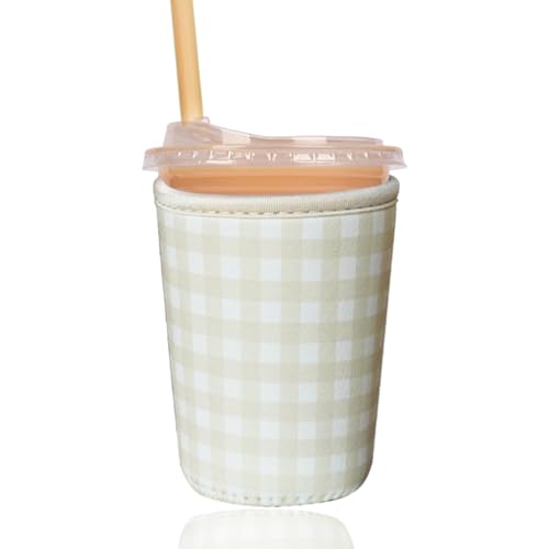 Reusable Insulated Sleeve for Iced Coffee Cup, Coffee Neoprene Sleeve for Cold & Hot Drinks, Beverage Holder for Iced Coffee (Beige Gingham, Small: 16-18oz) - color: Beige Gingham, size: Small: 16-18oz