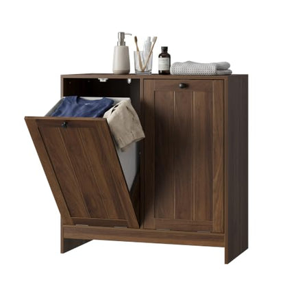 Smart FENDEE Double Tilt Out Laundry Hamper Cabinet, 11.8 Gallon Hidden Trash Cabinets with 2 Baskets for Kitchen, Freestanding Small Bathroom Storage Cabinet Unit, Walnut - color: Walnut