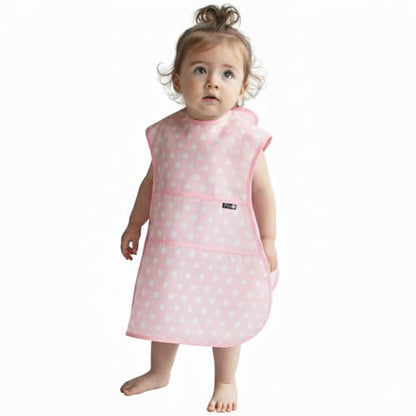 Plie Full Coverage Waterproof Feeding Bib for Toddlers – Extra Long Apron Bib for Mealtime, Self-Feeding, High Chairn - color: Baby Pink/Dot