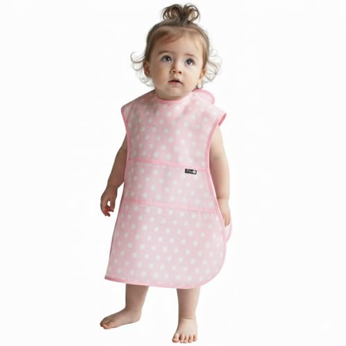 Plie Full Coverage Waterproof Feeding Bib for Toddlers – Extra Long Apron Bib for Mealtime, Self-Feeding, High Chairn - color: Baby Pink/Dot