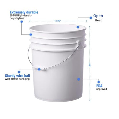 5 Gallon Food Grade Plastic Bucket, Open Head Pail with Handle, 12-3/8 in Diameter x 14-3/4 in Height (White, 6 Pack) - color: White, size: 6 Pack