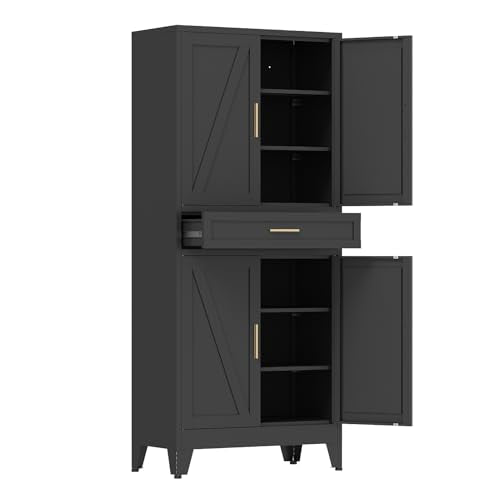 COFaR 71 in Tall Kitchen Pantry Cabinet with Drawer, Metal Pantry Storage Cabinet with 4 Adjustable Shelves and 4 Barn Doors, Freestanding Farmhouse Food Cupboard for Dining Room Garage, Black 6-Tier - color: Black, size: 71'' 4 Doors 1 Drawer-Barn Door
