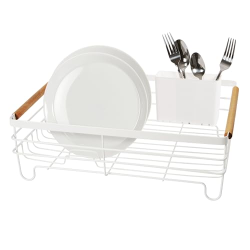 Oggi Large Dish Drying Rack - White & Bamboo Dish Drying Rack, Drying Rack Kitchen, Dish Rack, Dish Racks for Kitchen Counter, Durable Coated Metal Kitchen Drying Rack with Cutlery Holder - color: White / Bamboo