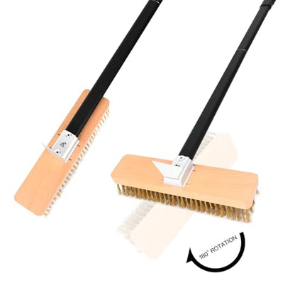 Large Pizza Oven Brush with Scraper, 10.7" Length Brass Bristles Grill Brush with 37 or 52.8 Inch Long Handle, Backyard Pizza Oven Accessories