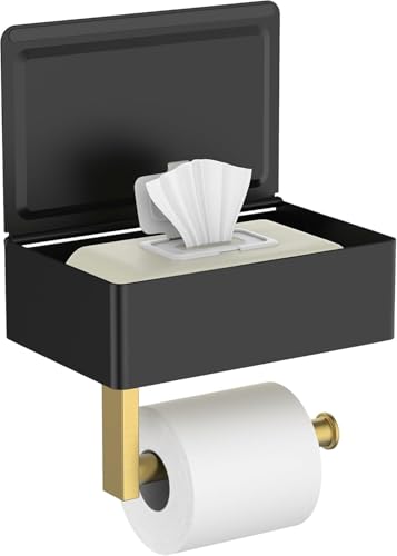 FORIOUS Toilet Paper Holder with Shelf, Wall-Mounted Modern Wipes Dispenser - color: Matte Black & Brushed Gold, size: Big 1 Pack-8" (L)