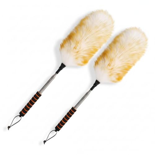 Lambswool Extendable Cleaning Duster 26-64 Inch Two-Pack, Anti-Static Wall Duster Cleaner with Sponge Grip and Stainless Steel Extension Pole for High Ceiling Fan, Interior, and Roof Dusting - size: 26-64 Inch