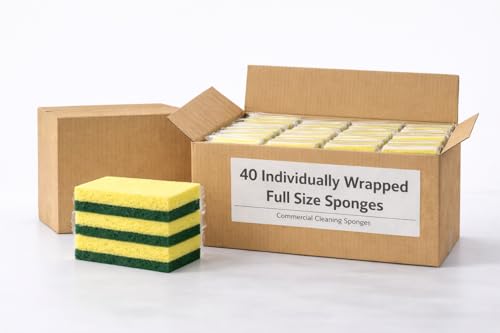 Full Size Dual-Sided Heavy Duty Cleaning Sponges – 40 Pack - Yellow Foam & Green Non-Scratch Scrub Pad – Individually Wrapped Commercial Dish & Surface Sponges for Kitchen, Restaurant & Janitorial Use