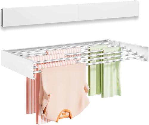 Wall Mounted Clothes Drying Rack 40 Inches,Clothes Drying Rack Wall Mounted,Collapsible Hanging Racks for Laundry,Foldbale Laundry Drying Rack Wall Mount with Wall Template, 5 Rods, White - size: 40"