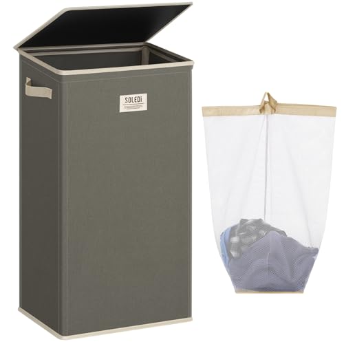 SOLEDI 100L Laundry Hamper with Lid, Large Collapsible Laundry Basket - color: Cement, size: 100L