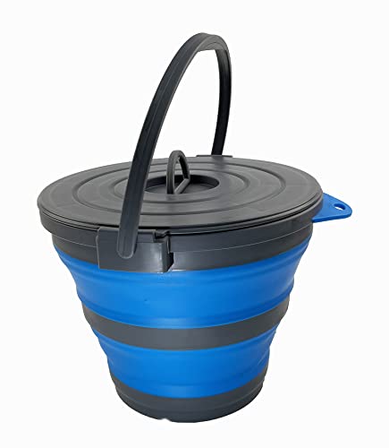 SAMMART 10L (2.64Gallon) Collapsible Fishing Bucket with Locking Lid - Portable Plastic Water Pail - Space Saving Outdoor Waterpot - Trunk Organizer for All Types of Vehicles (Grey/Blue) - color: Grey/Blue