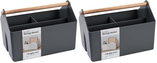 BLUE GINKGO Medium Storage Basket – Plastic Caddy with Wooden Handle for Office, Arts & Crafts, or Home Supplies (Gray) (Pack of 2) - color: GREY, size: Medium (Pack of 2)