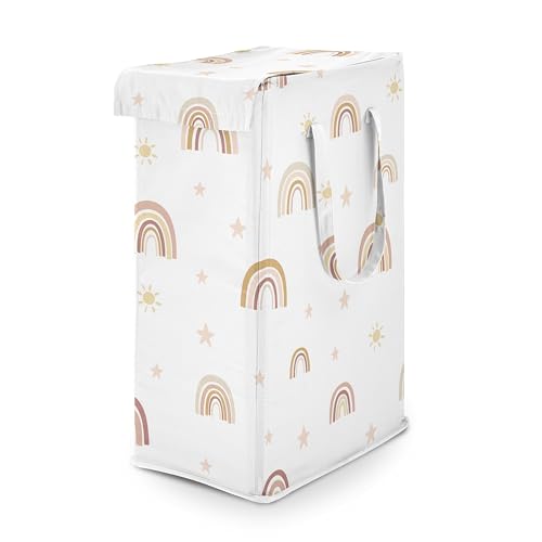 Sweet Jojo Designs Boho Rainbow Girl Laundry Hamper Foldable Dirty Clothes Basket with Handles Baby Nursery Kids Bedroom Teen Bathroom Blush Pink Yellow Bohemian Modern Neutral Vintage Gold Stars Sky - color: Boho Rainbow