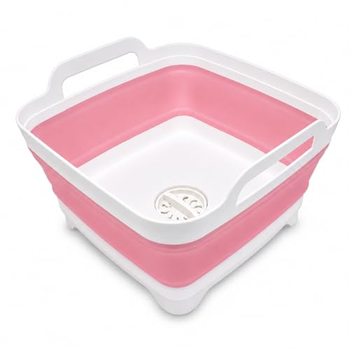 Collapsible Dish Basin with Drain Plug, Foldable Wash Basin 2.4 Gal (9L) - color: Pink