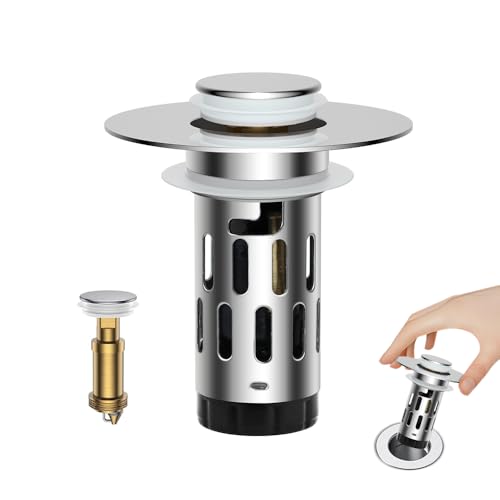 ZM Bathroom Sink Stopper, 3-in-1 Pop Up Drain Plug with Stainless Steel Hair Catcher, Sink Drain Strainer for 1.1–1.45 Inch Drain Holes, Tool-Free Installation, Chrome